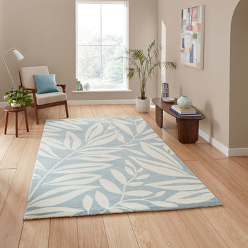 Catherine Lansfield Sorral Leaves Modern Botanical Floral Durable Easy-Care Carved High Density Polyproplyene Blue/Cream Rug-Think Rugs-Rug Love - The Most Loved Rug Store